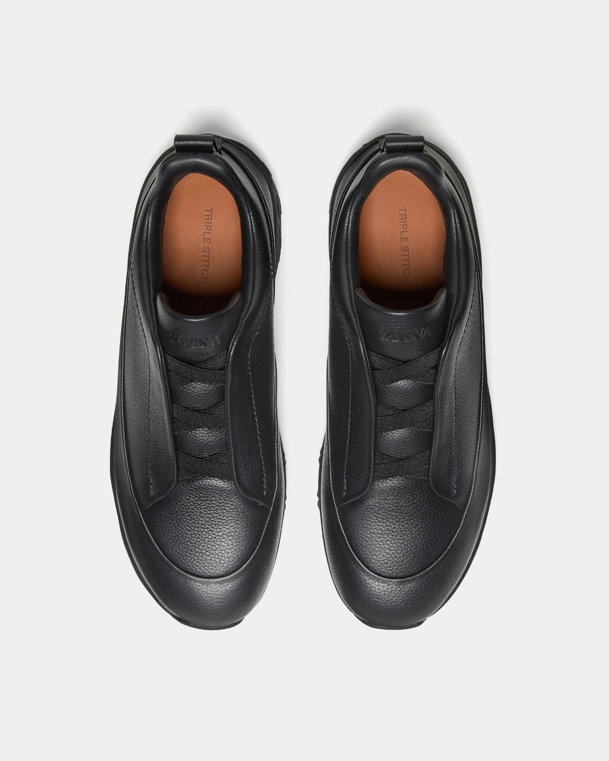 Triple Stitch Monte Grained Calf Leather Black Slip On Sneakers