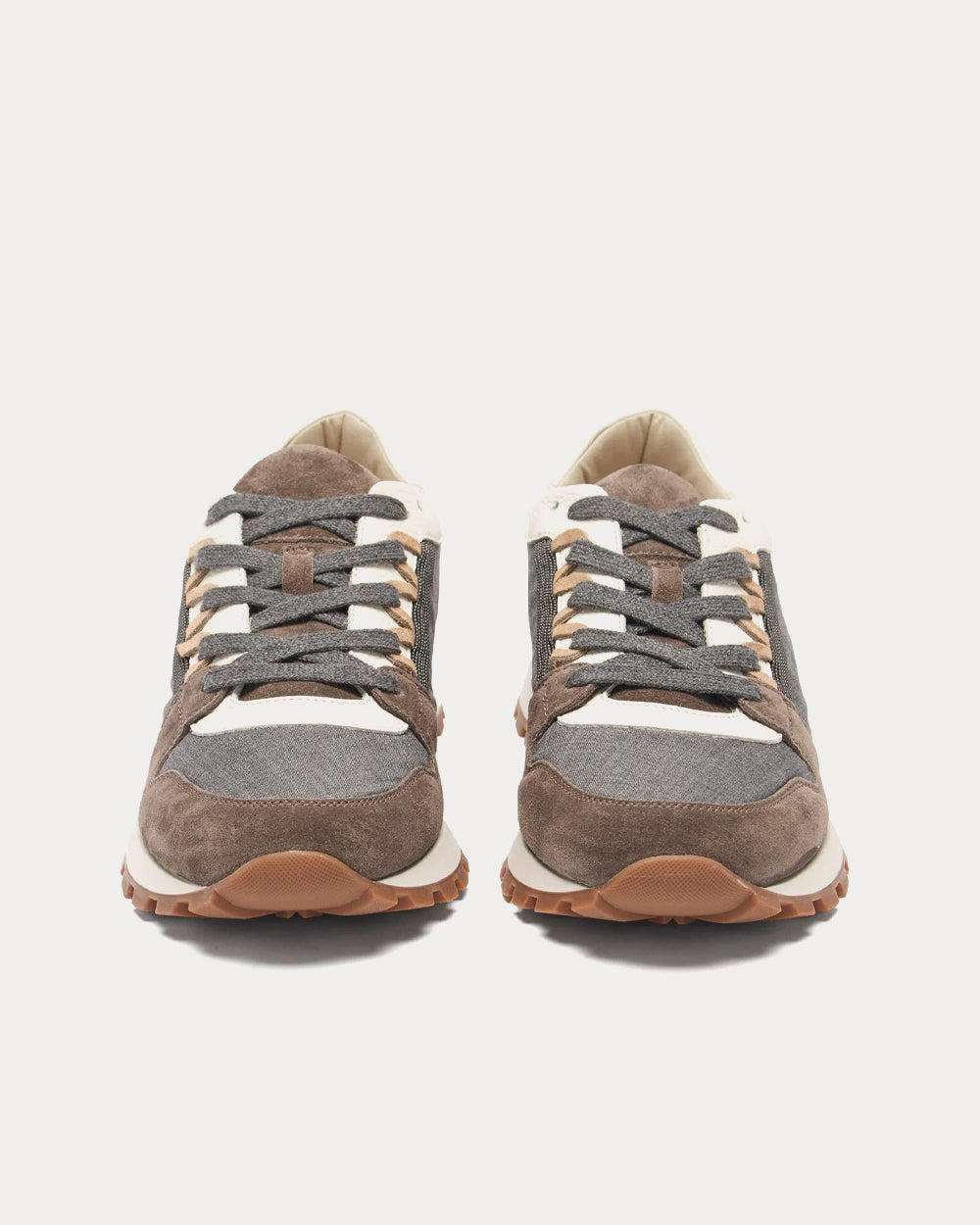 Monili-Trim Suede & Canvas Brown Low Top Sneakers