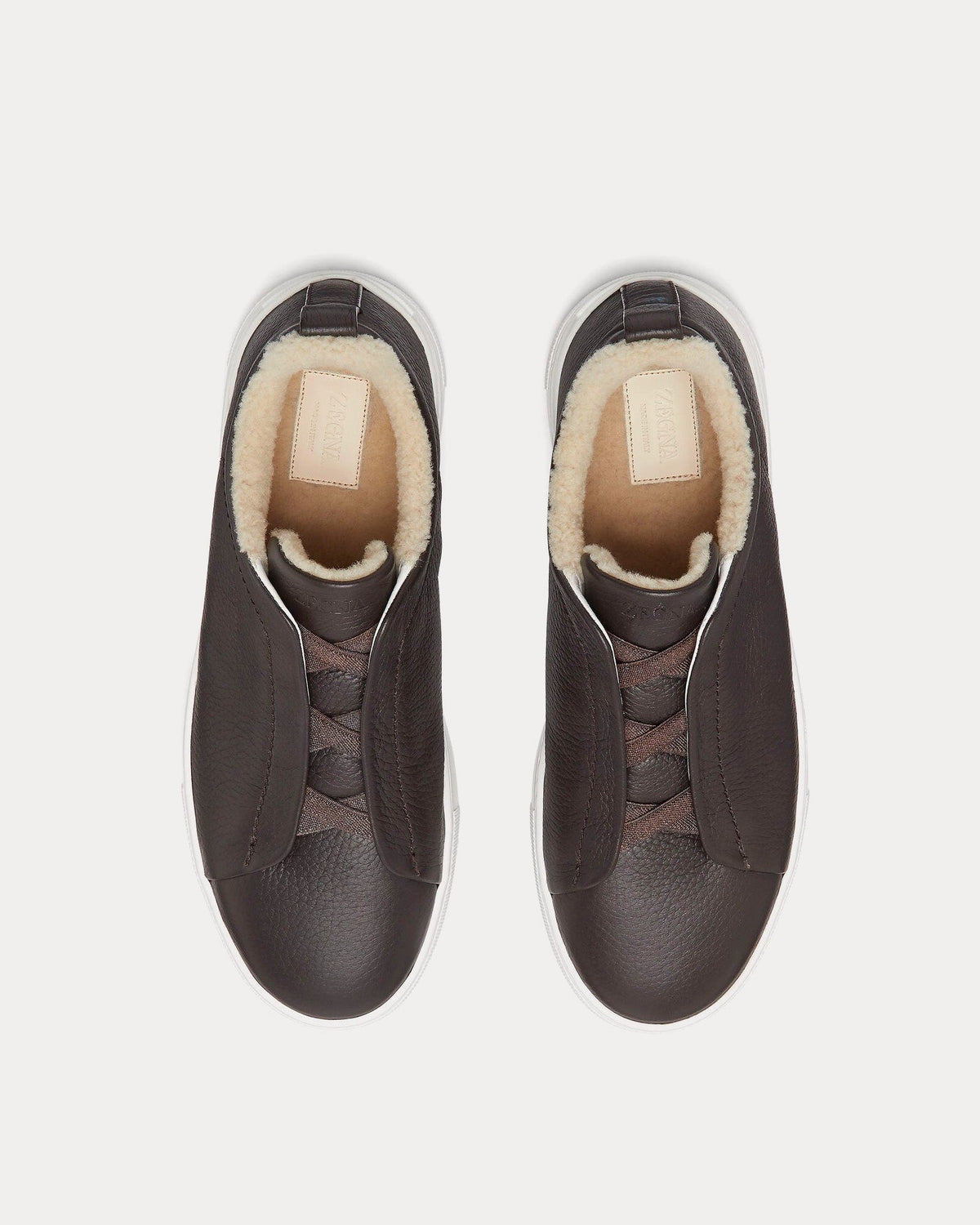 Triple Stitch Deerskin & Merino Shearling Dark Brown Slip On Sneakers