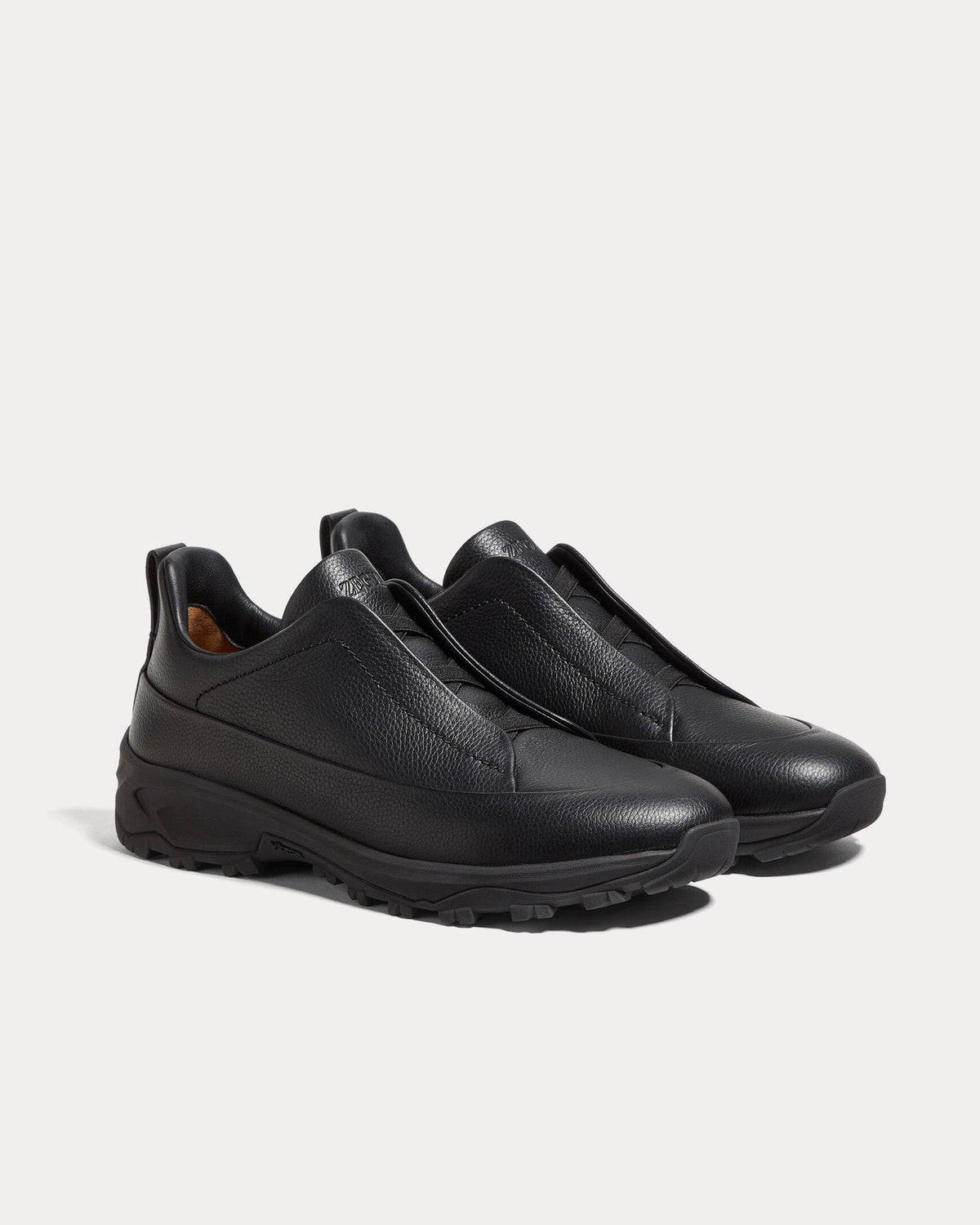 Triple Stitch Monte Grained Calf Leather Black Slip On Sneakers