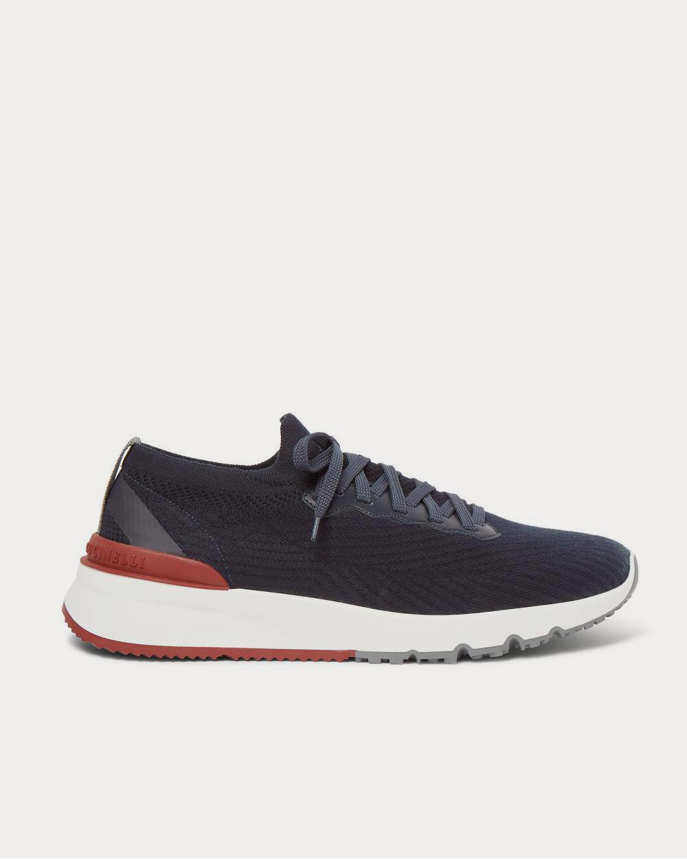 Leather-Trimmed Stretch-Knit Navy low top sneakers