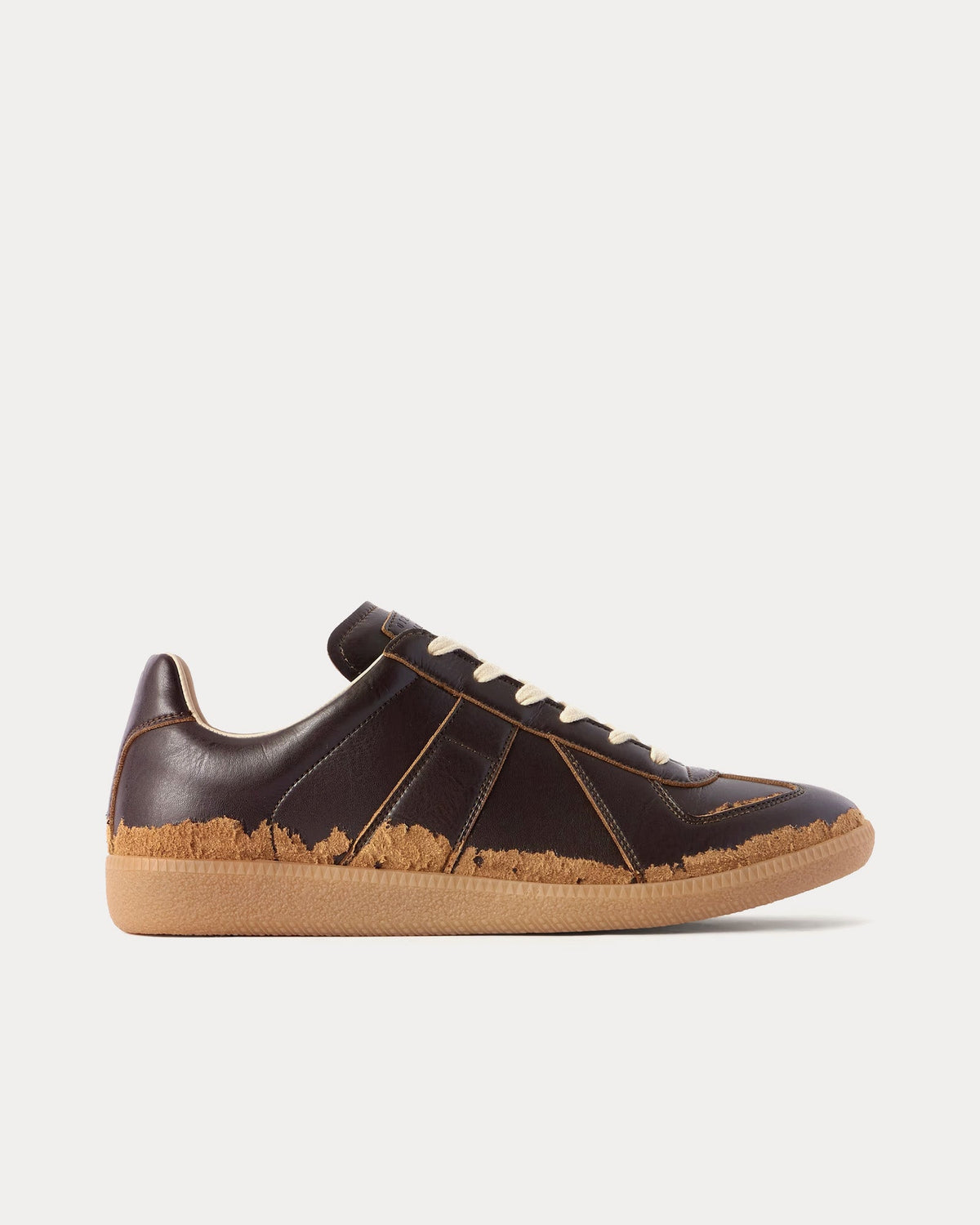 Replica Distressed Peel-Off Effect Leather Dark Brown Low Top Sneakers