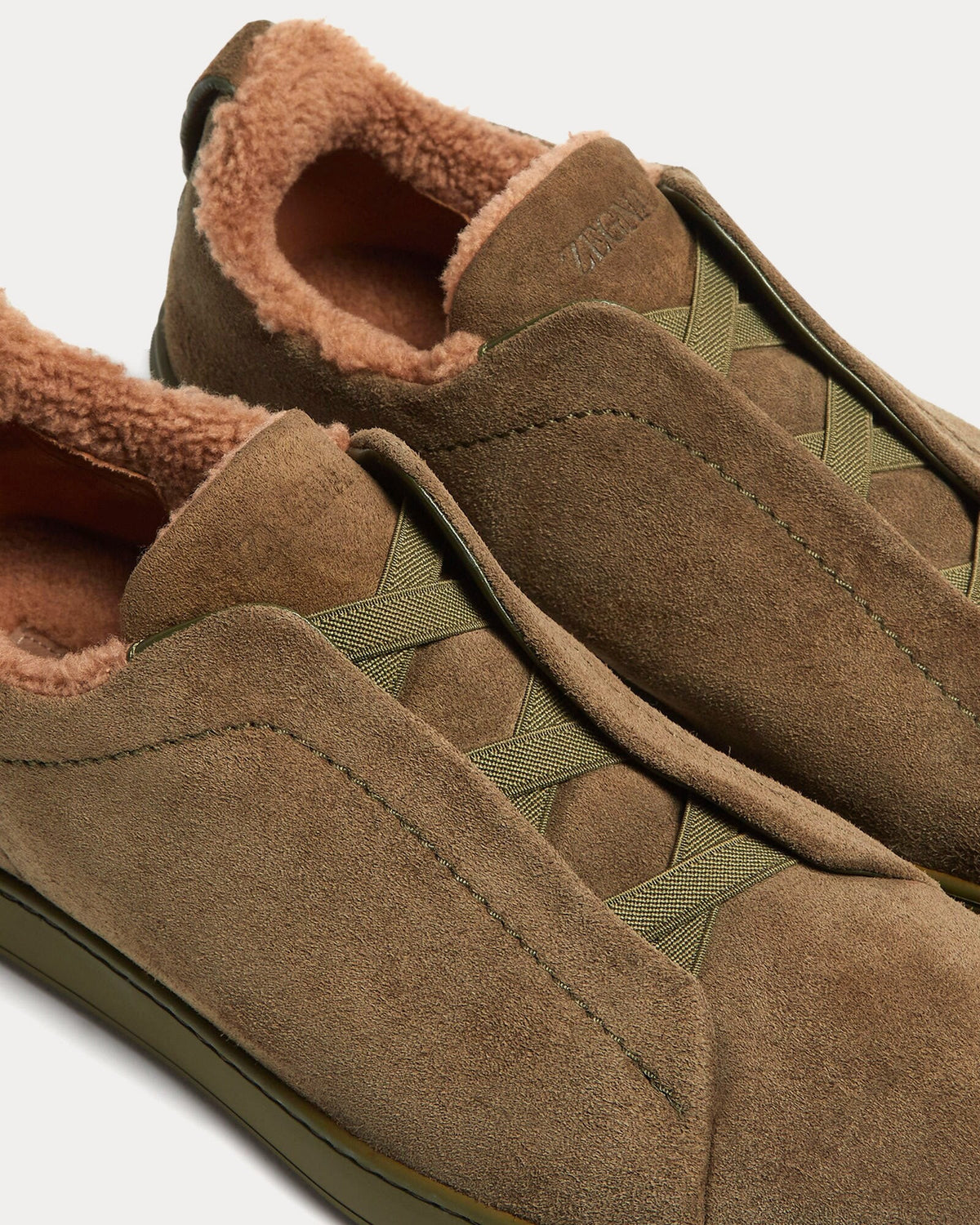Triple Stitch Suede & Shearling Olive Green Slip On Sneakers