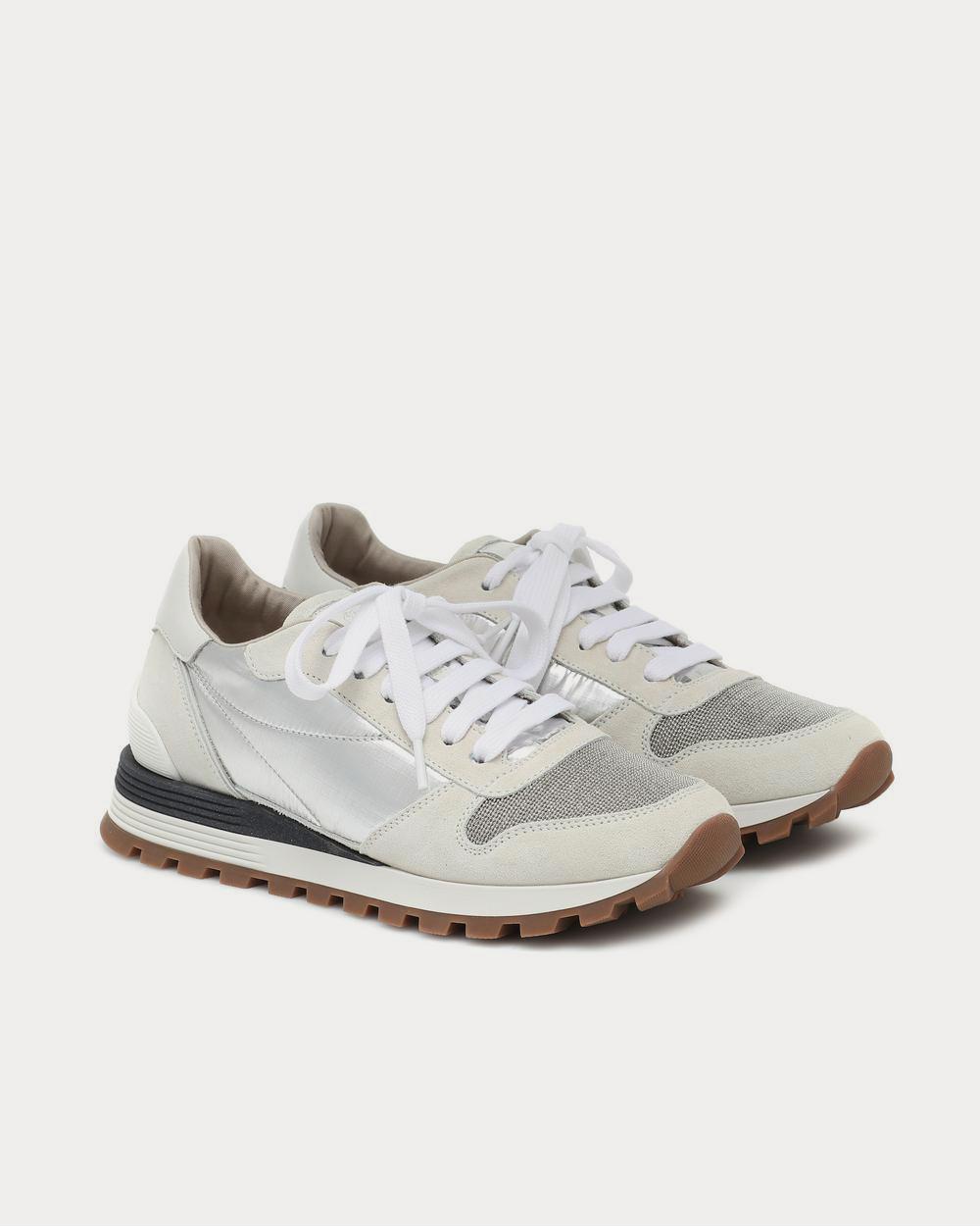 Embellished suede-trimmed White Low Top Sneakers