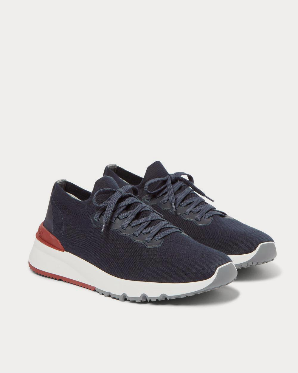 Leather-Trimmed Stretch-Knit Navy low top sneakers