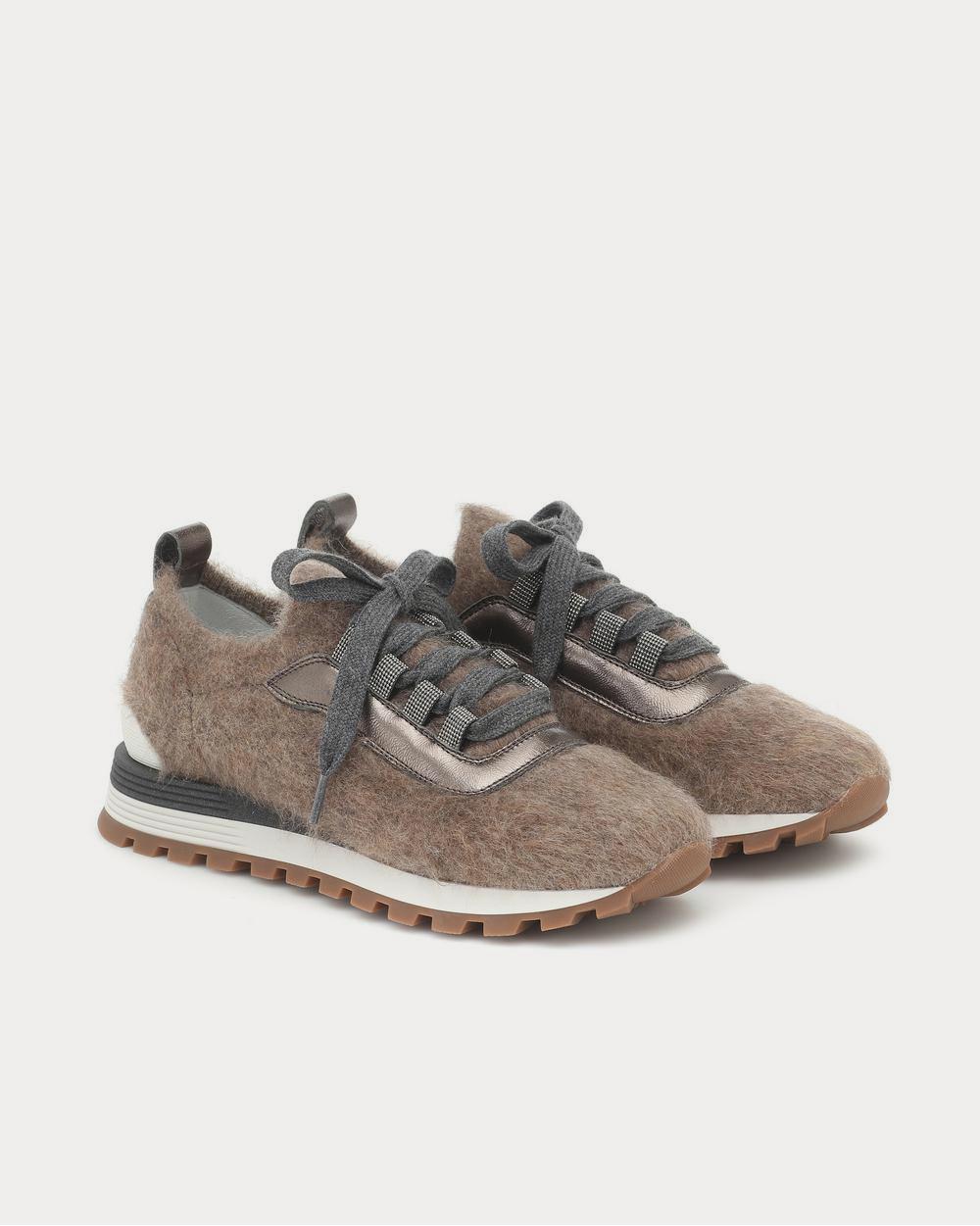 Leather-trimmed mohair Dk Beige Low Top Sneakers
