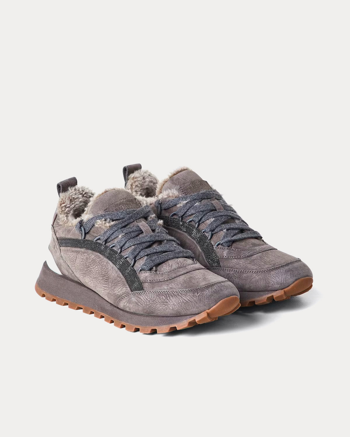 Nubuck Runners with Shiny Band and Shearling Lining Dark Grey Low Top Sneakers