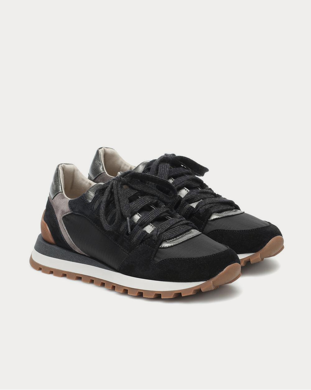 Leather-trimmed Black Low Top Sneakers