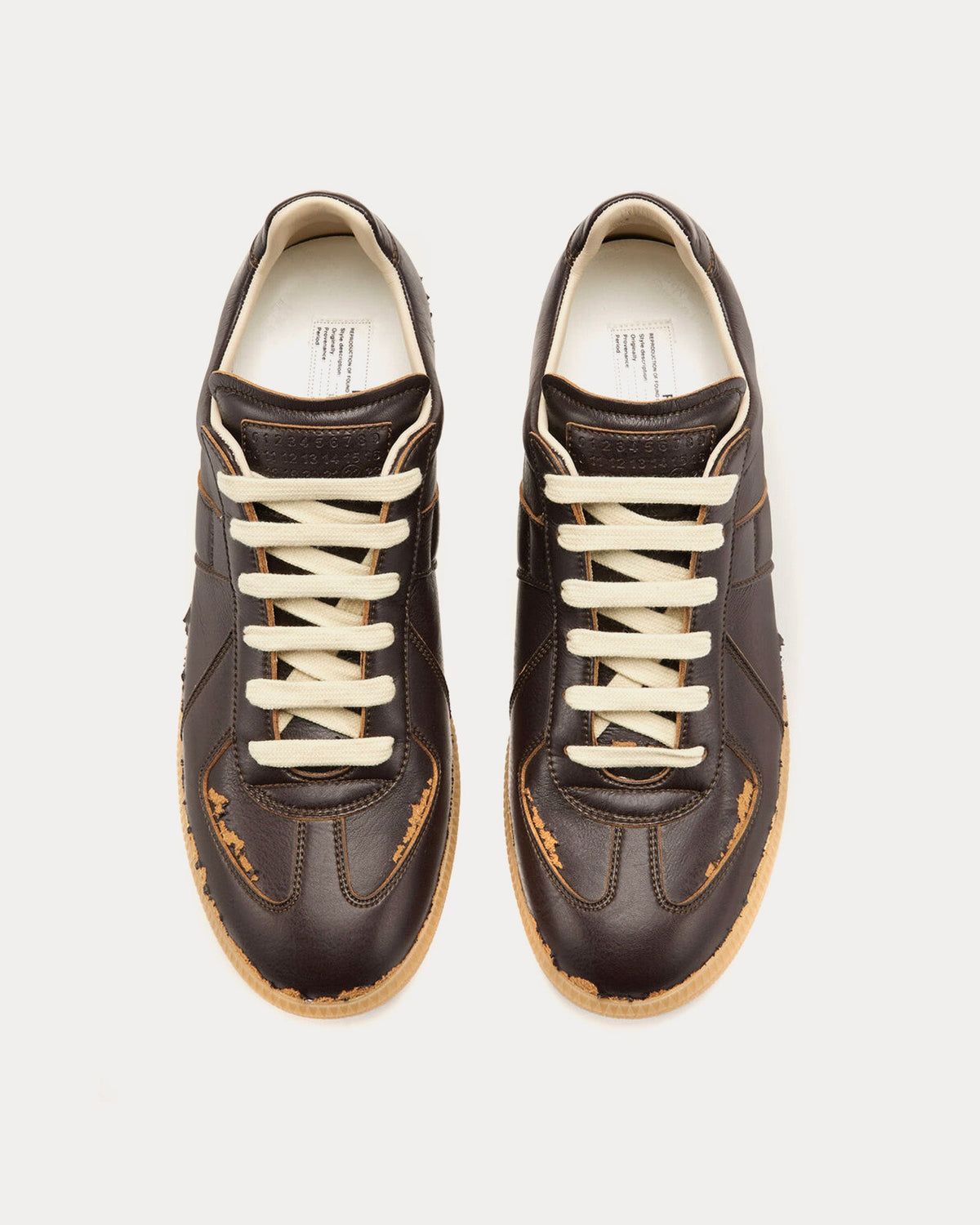 Replica Distressed Peel-Off Effect Leather Dark Brown Low Top Sneakers