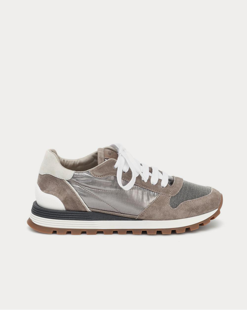 Embellished suede-trimmed Brown Low Top Sneakers