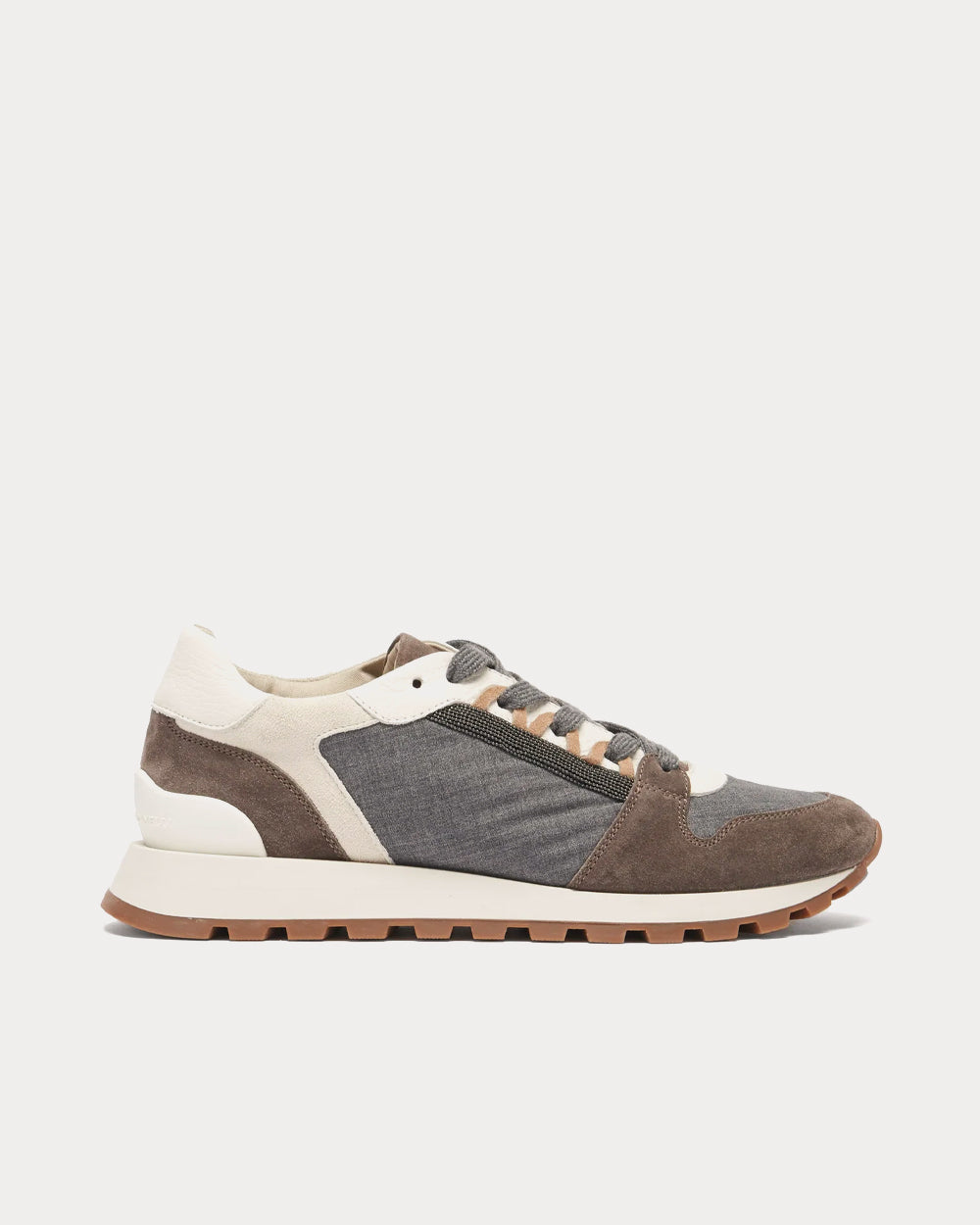 Monili-Trim Suede & Canvas Brown Low Top Sneakers