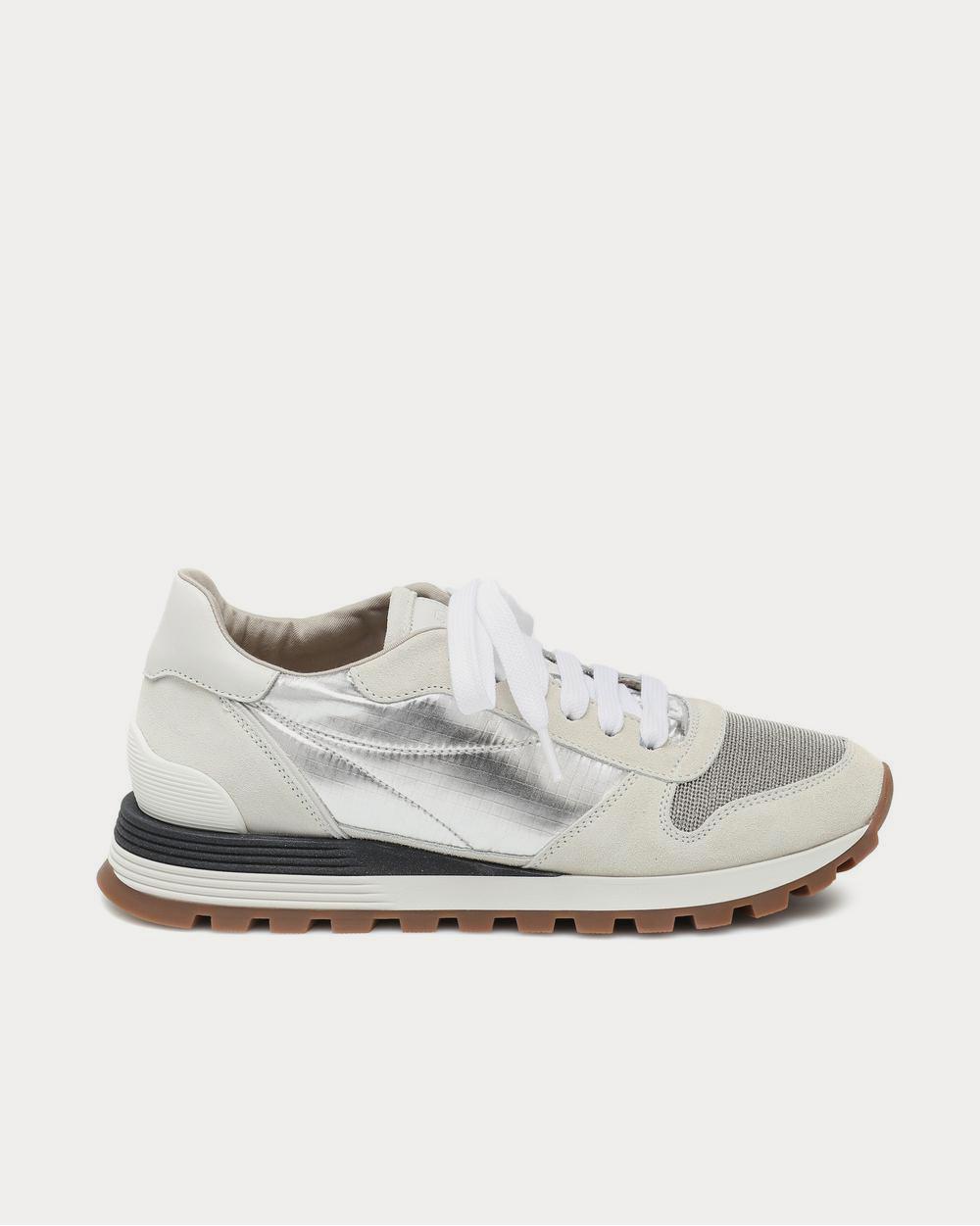 Embellished suede-trimmed White Low Top Sneakers