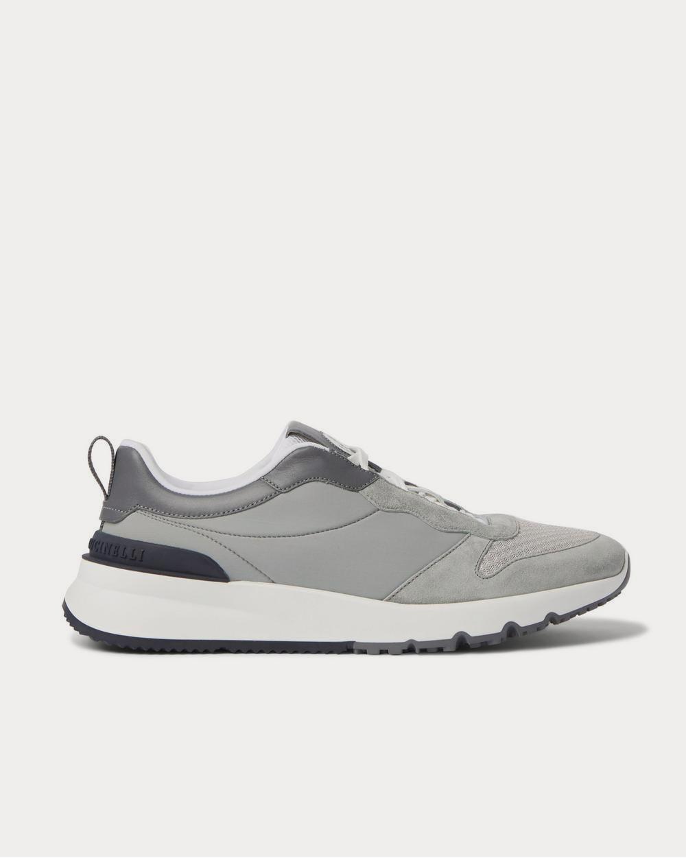 Leather-Trimmed Suede, Neoprene and Mesh Gray low top sneakers