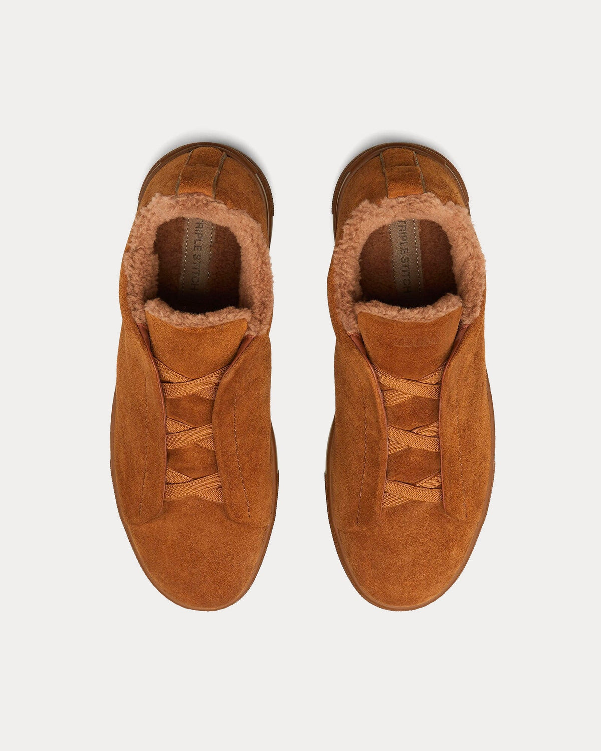 Triple Stitch Suede & Shearling Light Brown Slip On Sneakers