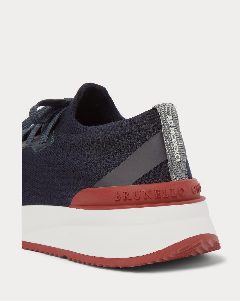 Leather-Trimmed Stretch-Knit Navy low top sneakers