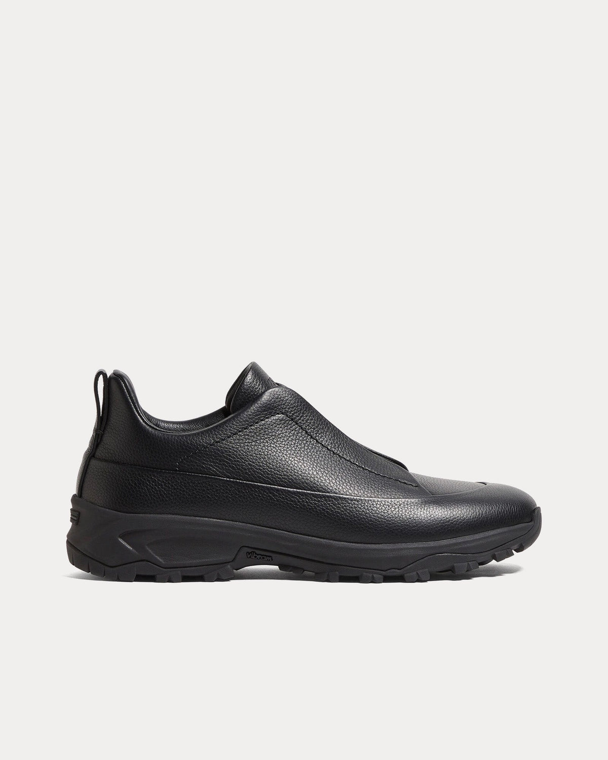 Triple Stitch Monte Grained Calf Leather Black Slip On Sneakers