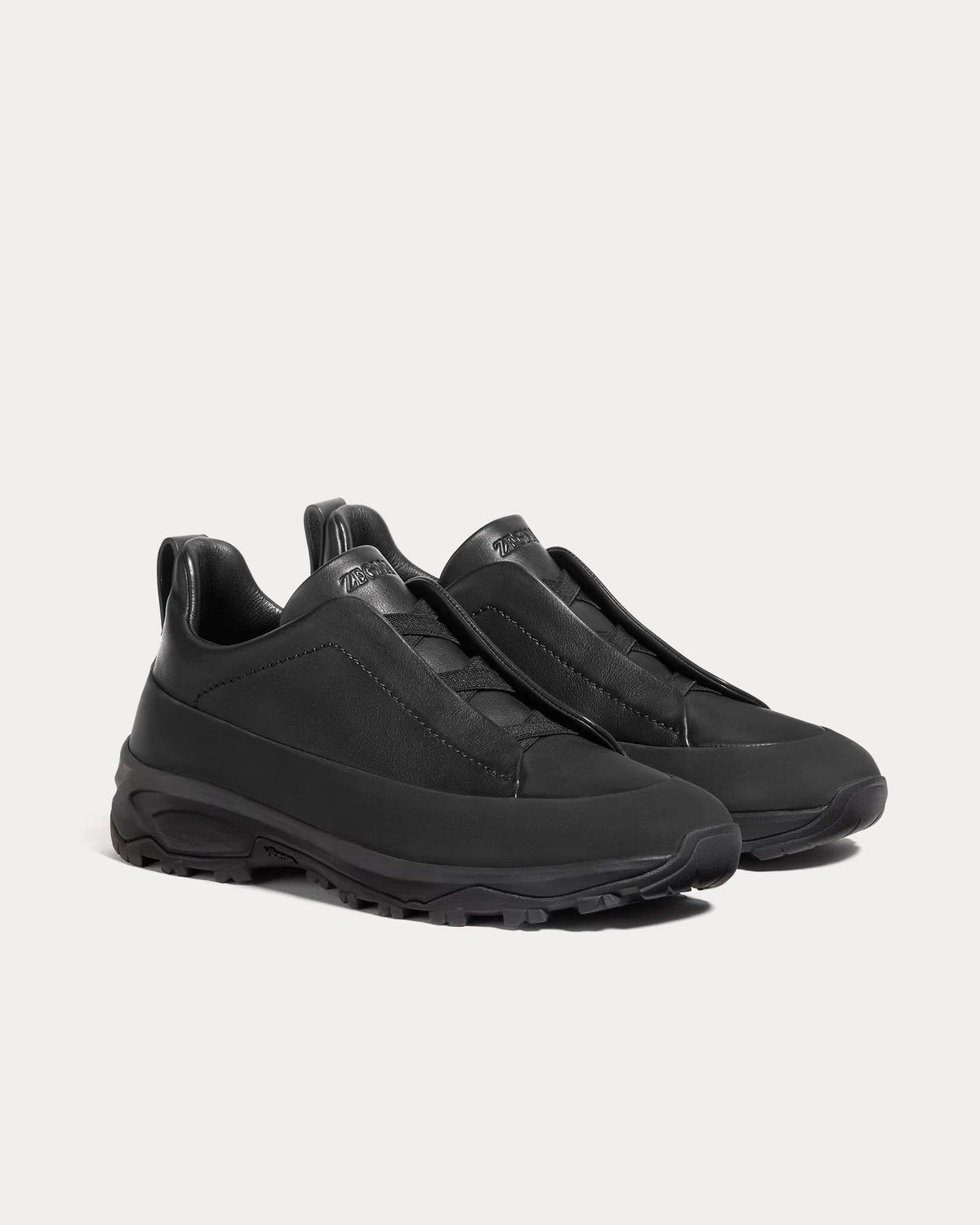 Triple Stitch Monte Leather Black Slip On Sneakers