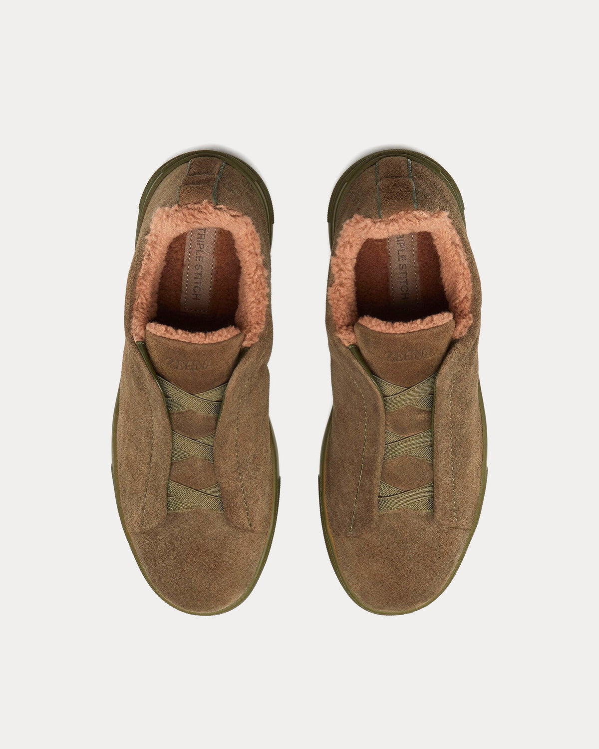 Triple Stitch Suede & Shearling Olive Green Slip On Sneakers