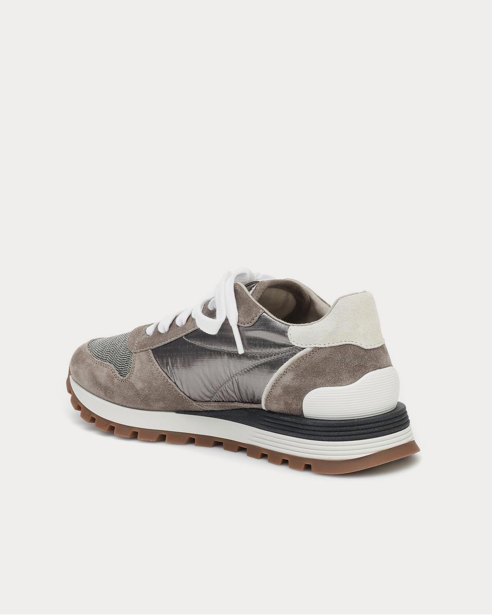 Embellished suede-trimmed Brown Low Top Sneakers