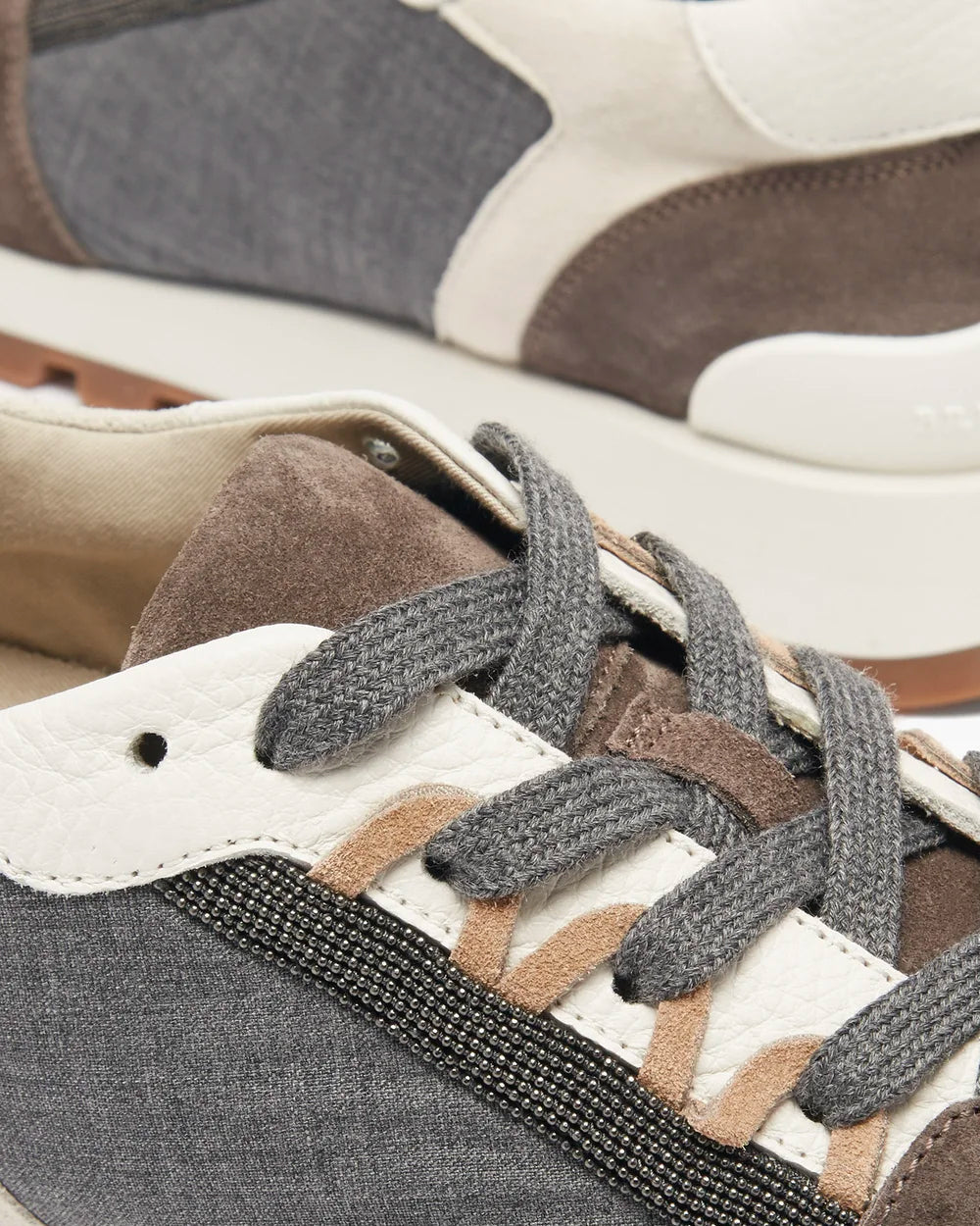 Monili-Trim Suede & Canvas Brown Low Top Sneakers