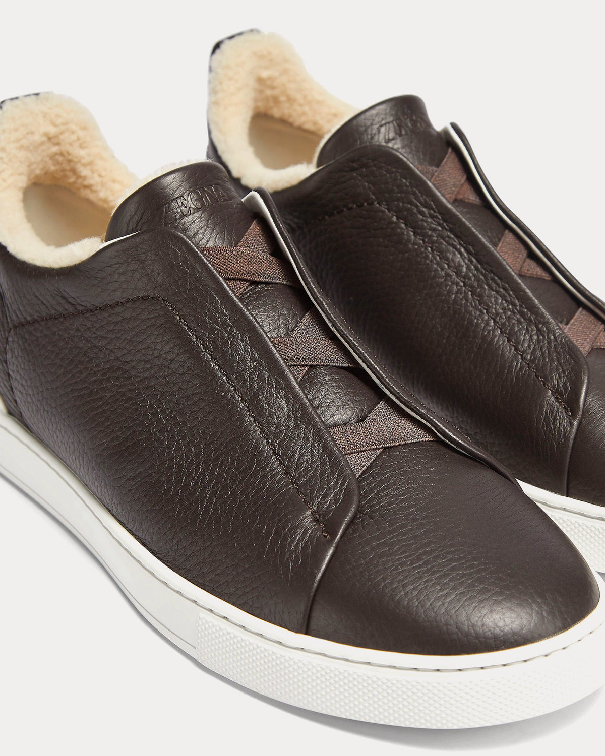 Triple Stitch Deerskin & Merino Shearling Dark Brown Slip On Sneakers